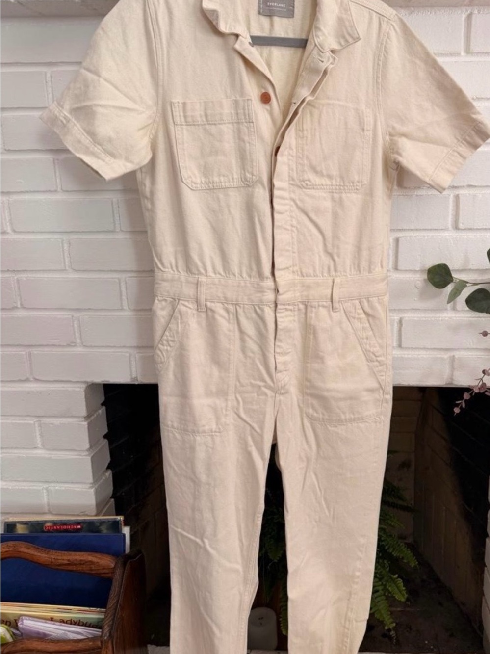 Everlane Cream Short-Sleeve Cotton Utility Jumpsuit